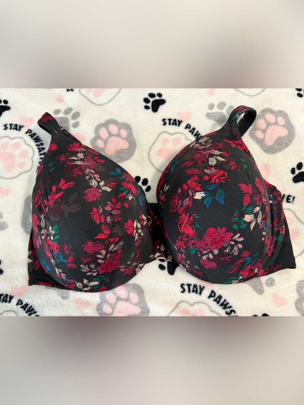Black with Red Floral Print Bra - 44F